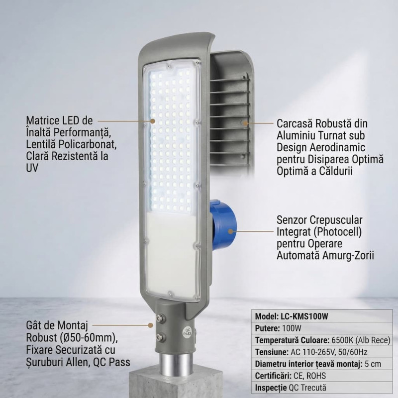 Proiector Stradal LED 100W cu Senzor Crepuscular Proiector Stradal LED 100W cu Senzor Crepuscular