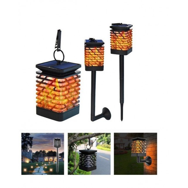 Lampa solara LED cu efect  flacara, de exterior, cu suport si carlig de agatare