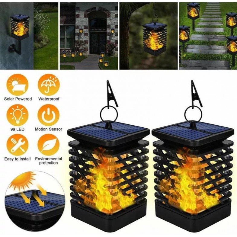 Lampa solara LED cu efect  flacara, de exterior, cu suport si carlig de agatare