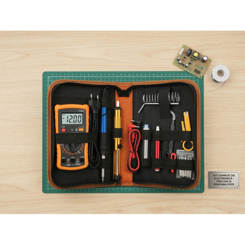 Kit letcon / pistol de lipit eldepo 60W, cu multimetru digital, temperatura reglabila, 5 varfuri, suport si geanta organizatoare, pentru reparatii electronice, bijuterii si bricolaj