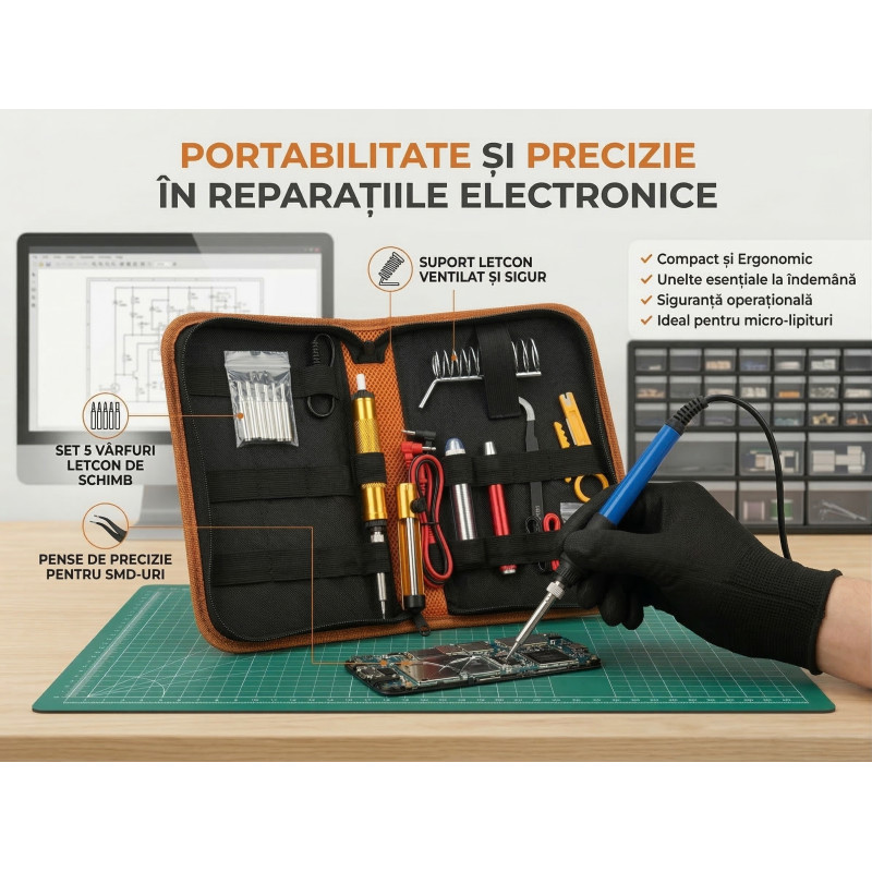 Kit letcon / pistol de lipit eldepo 60W, cu multimetru digital, temperatura reglabila, 5 varfuri, suport si geanta organizatoare, pentru reparatii electronice, bijuterii si bricolaj