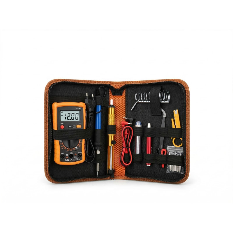 Kit letcon / pistol de lipit eldepo 60W, cu multimetru digital, temperatura reglabila, 5 varfuri, suport si geanta organizatoare, pentru reparatii electronice, bijuterii si bricolaj