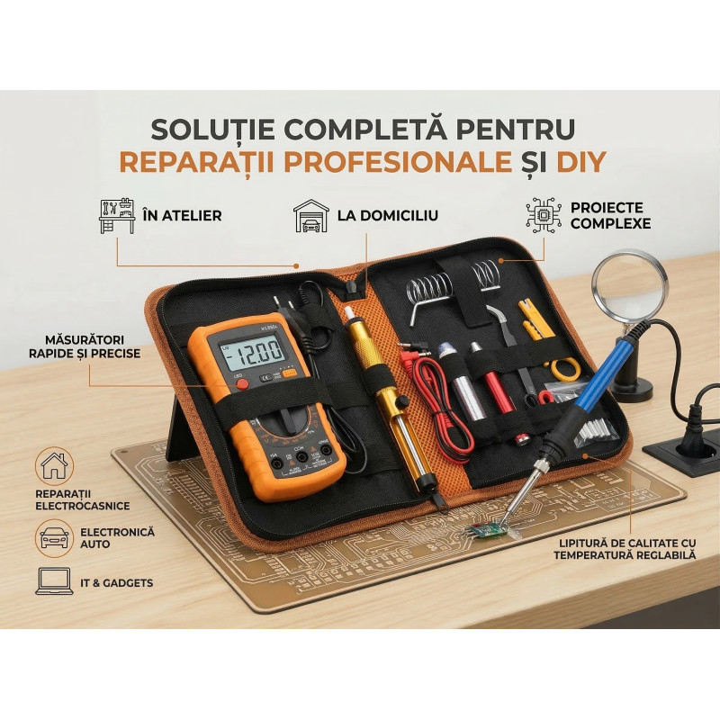 Kit letcon / pistol de lipit eldepo 60W, cu multimetru digital, temperatura reglabila, 5 varfuri, suport si geanta organizatoare, pentru reparatii electronice, bijuterii si bricolaj