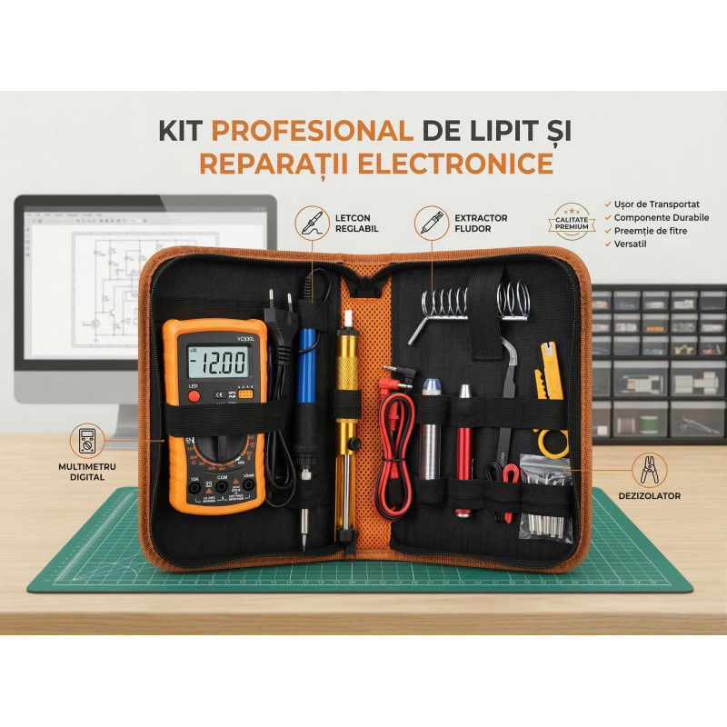 Kit letcon / pistol de lipit eldepo 60W, cu multimetru digital, temperatura reglabila, 5 varfuri, suport si geanta organizatoare, pentru reparatii electronice, bijuterii si bricolaj
