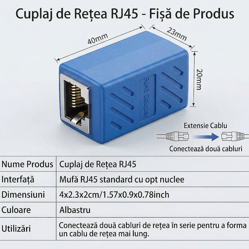 Set 10 bucăți Adaptor Conector UTP/FTP pentru Cablu Internet, Cuplă Prelungitor Rețea RJ45, 8 Pini