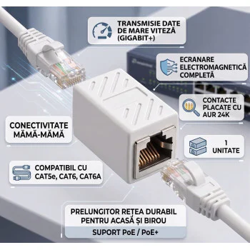 Adaptor UTP/FTP, Cuplă Prelungitor Rețea RJ45 Mamă-Mamă, Ecranat, Gigabit Cat6, Alb