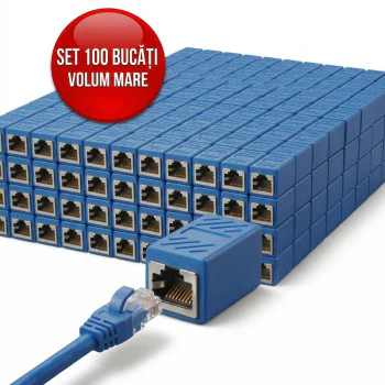 Set 100 bucăți Adaptor Conector UTP/FTP pentru Cablu Internet, Cuplă Prelungitor Rețea RJ45, 8 Pini