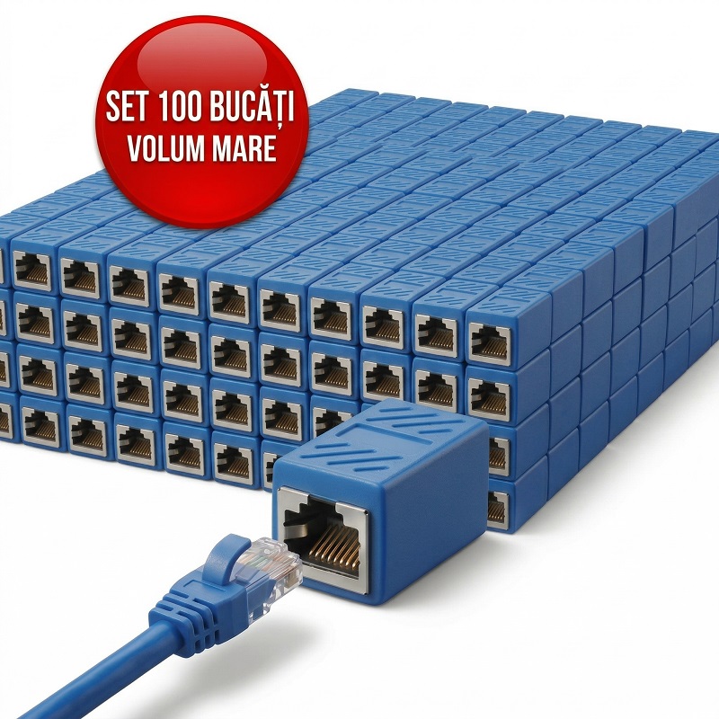 Set 100 bucăți Adaptor Conector UTP/FTP pentru Cablu Internet, Cuplă Prelungitor Rețea RJ45, 8 Pini