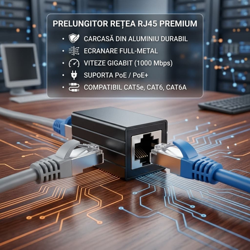 Adaptor prelungire cablu retea, UTP / FTP / RJ45, CAT5e, CAT6, CAT6A, ecranare full-metal, aluminiu Adaptor prelungire cablu retea, UTP / FTP / RJ45, CAT5e, CAT6, CAT6A, ecranare full-metal, aluminiu
