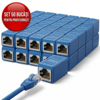 Set 50 bucăți Adaptor Conector UTP/FTP pentru Cablu Internet, Cuplă Prelungitor Rețea RJ45, 8 Pini