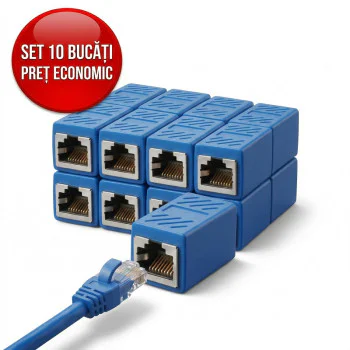 Set 10 bucăți Adaptor Conector UTP/FTP pentru Cablu Internet, Cuplă Prelungitor Rețea RJ45, 8 Pini