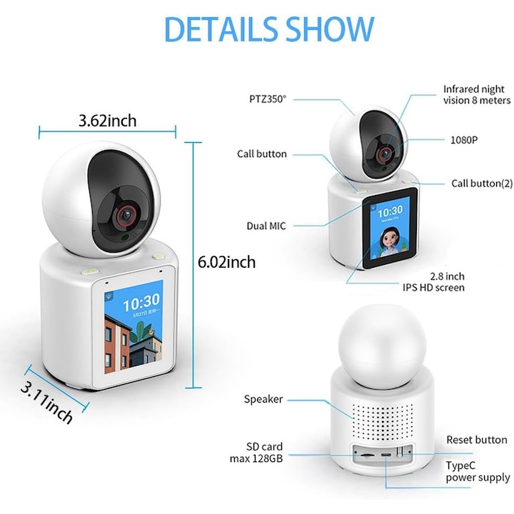 Camera de supraveghere, cu apelare bidirectionala, monitorizare video si audio,  baby monitor FULL HD, 3MP, ecran si senzor miscare