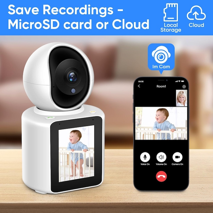 Camera de supraveghere, cu apelare bidirectionala, monitorizare video si audio,  baby monitor FULL HD, 3MP, ecran si senzor miscare
