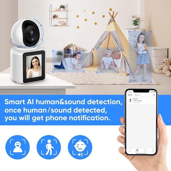 Camera de supraveghere, cu apelare bidirectionala, monitorizare video si audio,  baby monitor FULL HD, 3MP, ecran si senzor miscare
