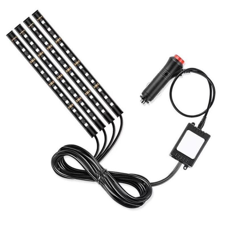 Banda led auto, 12V, 18 Led RGB, 4 buc, cu aplicatie pe telefon Banda led auto, 12V, 18 Led RGB, 4 buc, cu aplicatie