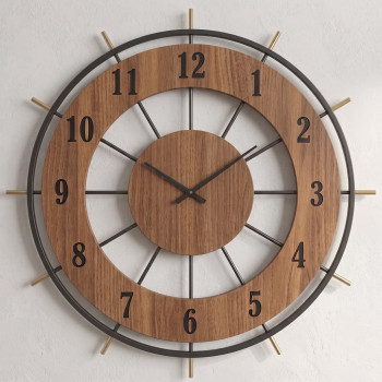 Ceas de Perete, cu Design Radial, Metal și MDF, Nuanță Stejar Închis, Silențios, 55 cm