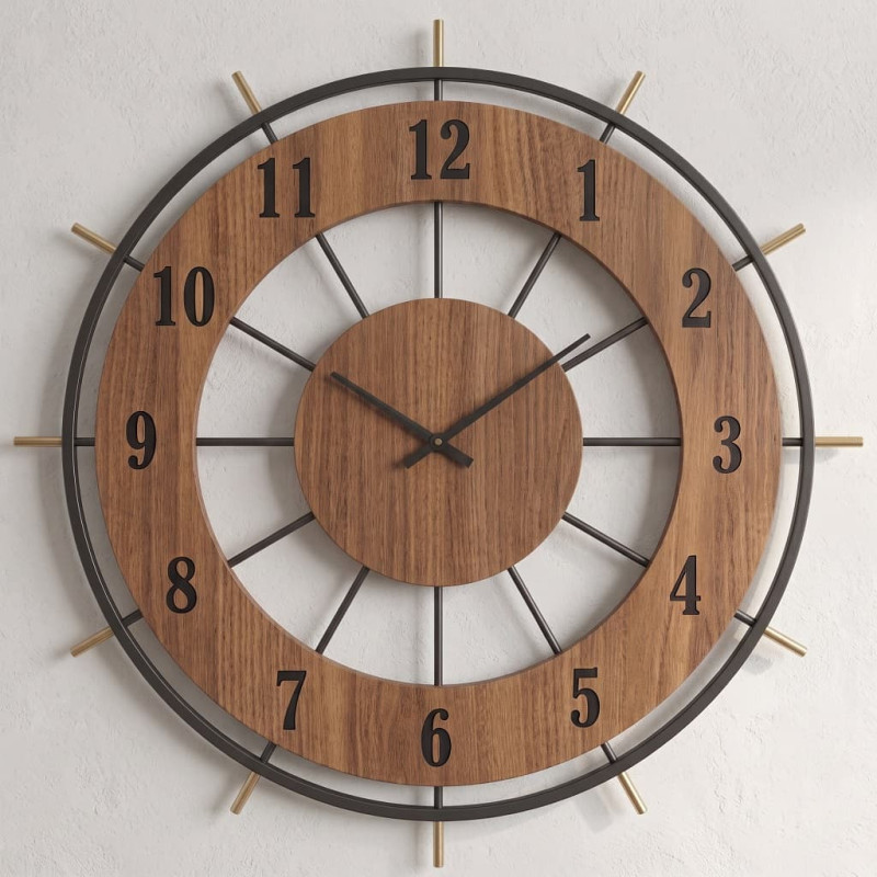 Ceas de Perete, cu Design Radial, Metal și MDF, Nuanță Stejar Închis, Silențios, 55 cm Ceas de Perete, cu Design Radial, Metal și MDF, Nuanță Stejar Închis, Silențios, 55 cm