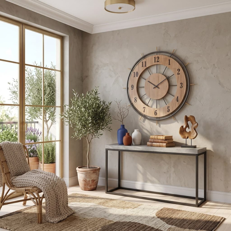 Ceas de Perete, cu Design Radial, Metal și MDF, Nuanță Stejar Închis, Silențios, 55 cm Ceas de Perete, cu Design Radial, Metal și MDF, Nuanță Stejar Închis, Silențios, 55 cm