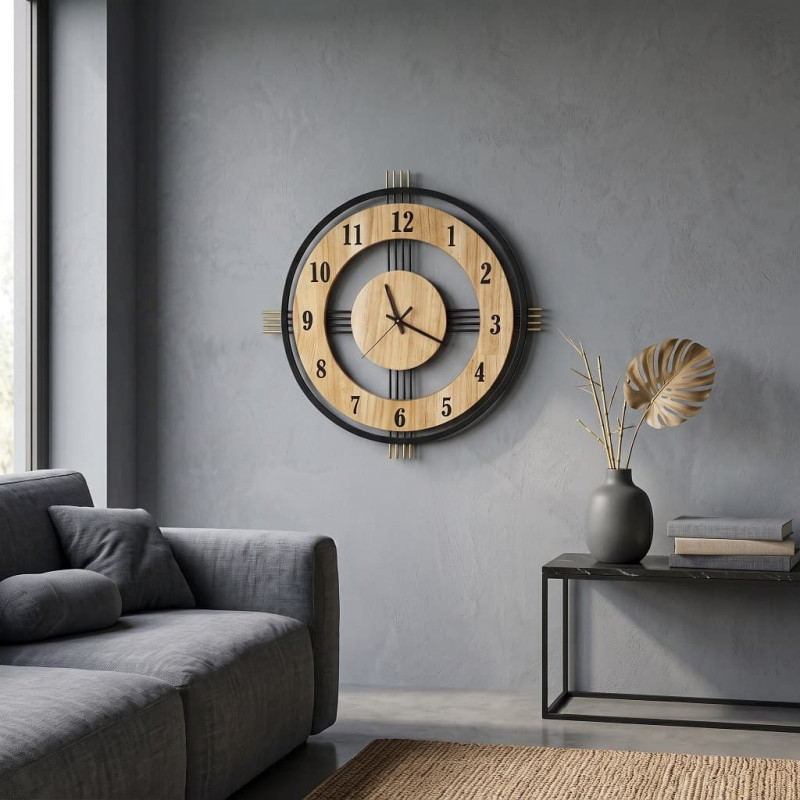 Ceas de perete decorativ, rotund, Metal și MDF Aspect Lemn, 55 cm