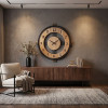 Ceas de perete decorativ, rotund, Metal și MDF Aspect Lemn, 55 cm