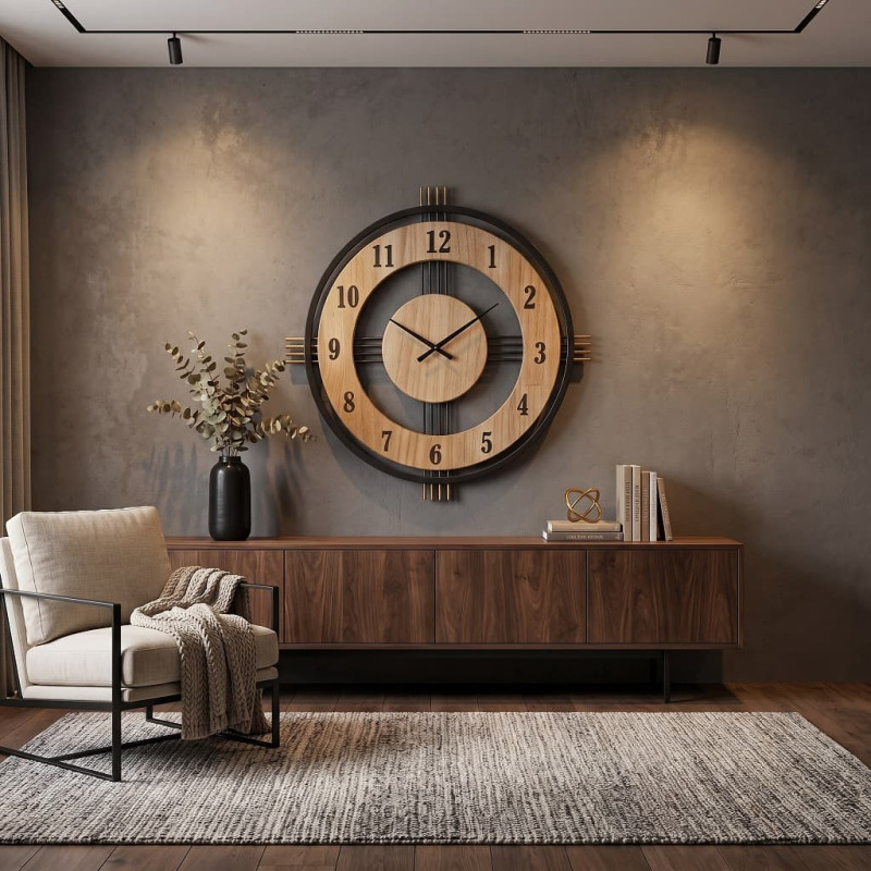 Ceas de perete decorativ, rotund, Metal și MDF Aspect Lemn, 55 cm