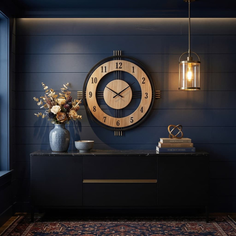 Ceas de perete decorativ, rotund, Metal și MDF Aspect Lemn, 55 cm