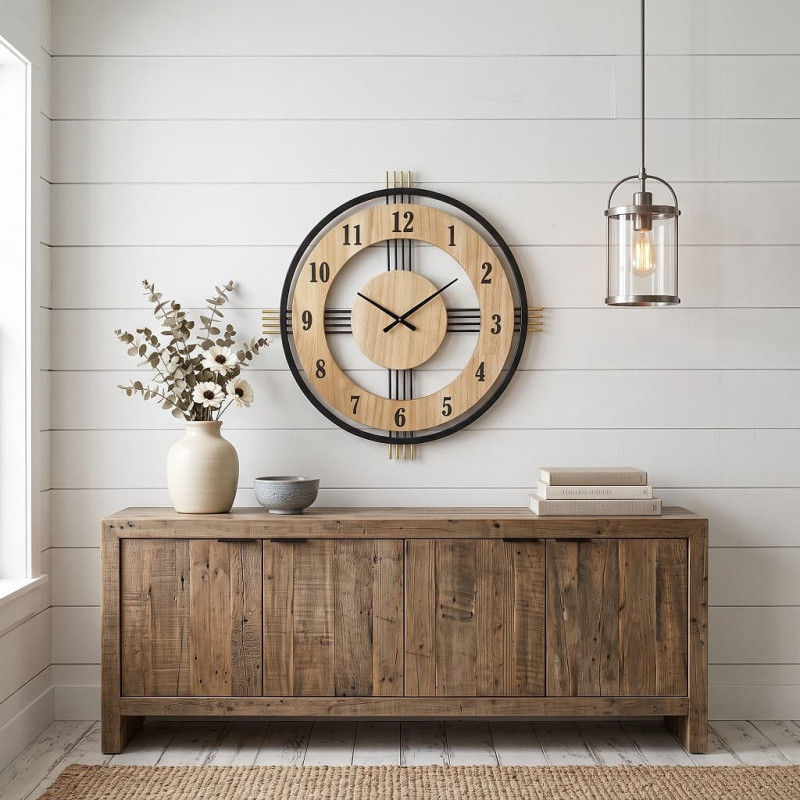 Ceas de perete decorativ, rotund, Metal și MDF Aspect Lemn, 55 cm