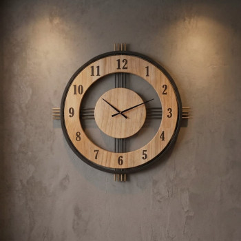 Ceas de perete decorativ, rotund, Metal și MDF Aspect Lemn, 55 cm