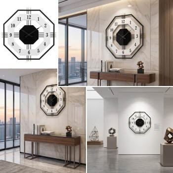 Ceas de perete decorativ, metal și MDF, design geometric 3D octogonal, cadran deschis, mecanism Quartz, 55 cm, Negru/Alb Ceas de perete decorativ, metal și MDF, design geometric 3D octogonal, cadran deschis, mecanism Quartz, 55 cm, Negru/Alb