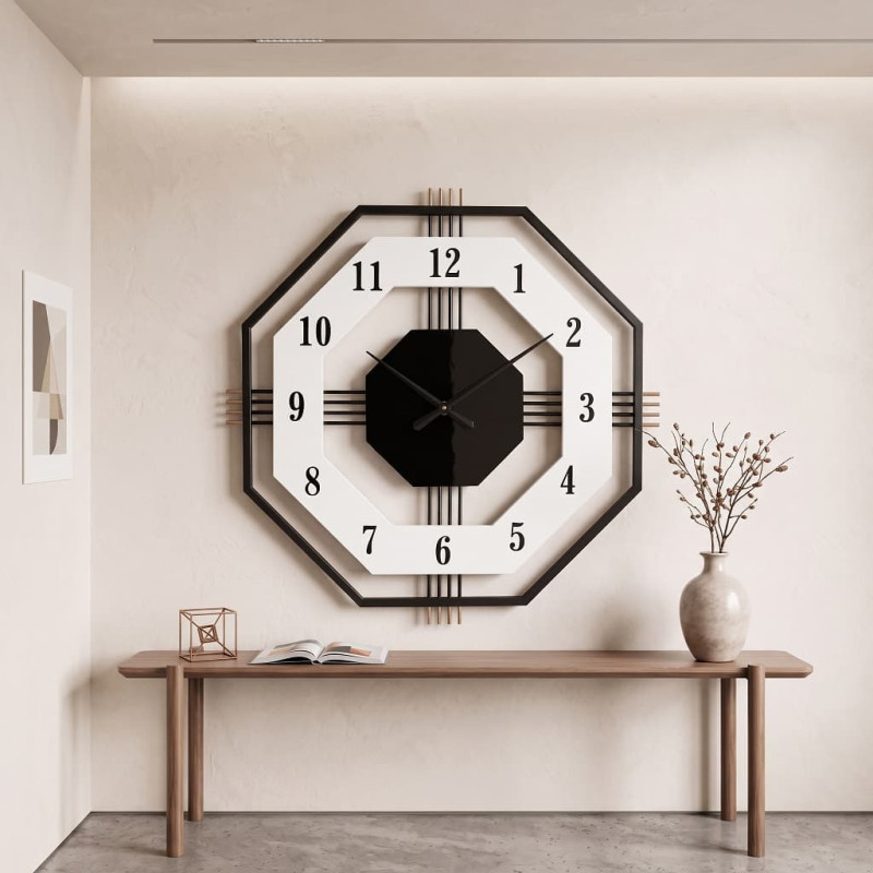 Ceas de perete decorativ, metal și MDF, design geometric 3D octogonal, cadran deschis, mecanism Quartz, 55 cm, Negru/Alb Ceas de perete decorativ, metal și MDF, design geometric 3D octogonal, cadran deschis, mecanism Quartz, 55 cm, Negru/Alb