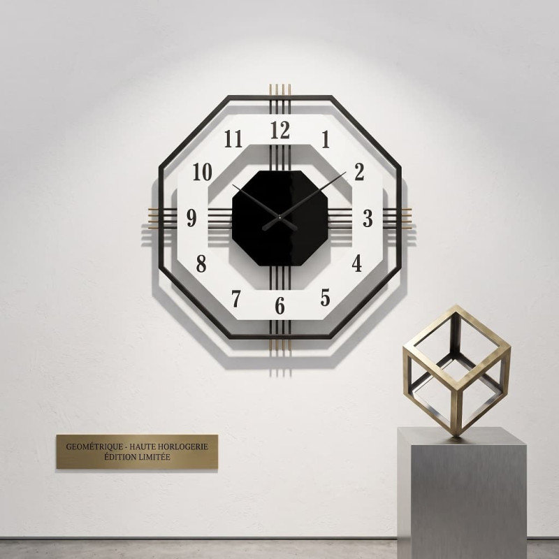 Ceas de perete decorativ, metal și MDF, design geometric 3D octogonal, cadran deschis, mecanism Quartz, 55 cm, Negru/Alb Ceas de perete decorativ, metal și MDF, design geometric 3D octogonal, cadran deschis, mecanism Quartz, 55 cm, Negru/Alb