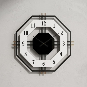 Ceas de perete decorativ, metal și MDF, design geometric 3D octogonal, cadran deschis, mecanism Quartz, 55 cm, Negru/Alb