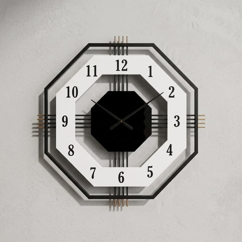 Ceas de perete decorativ, metal și MDF, design geometric 3D octogonal, cadran deschis, mecanism Quartz, 55 cm, Negru/Alb Ceas de perete decorativ, metal și MDF, design geometric 3D octogonal, cadran deschis, mecanism Quartz, 55 cm, Negru/Alb