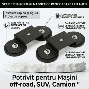 Set 2 Suporturi Magnetice Premium Tip Pod pentru Bară LED Auto, Forță 95 Kg, Fără Găurire, Negru