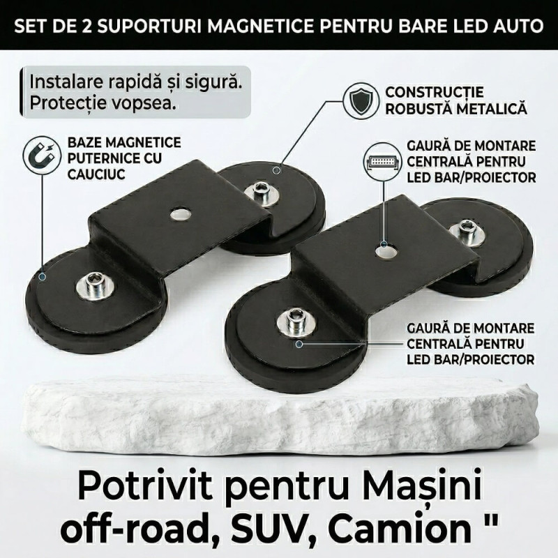 Set 2 Suporturi Magnetice Premium Tip Pod pentru Bară LED Auto, Forță 95 Kg, Fără Găurire, Negru