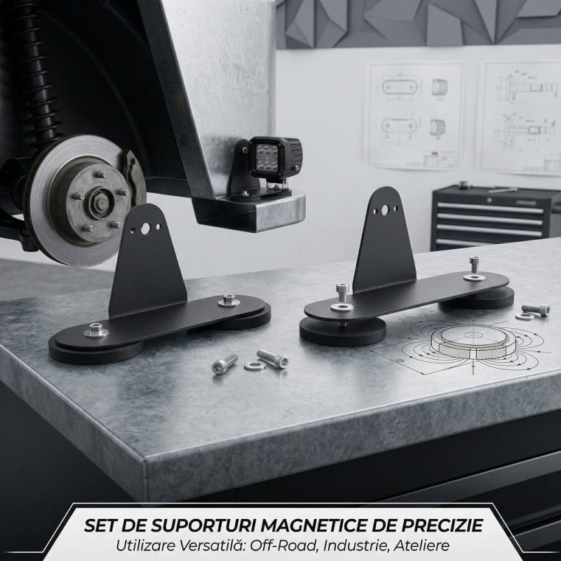 Set 2 Suporturi Magnetice Heavy-Duty cu Bază Dublă pentru Bară LED și Proiectoare, Fără Găurire