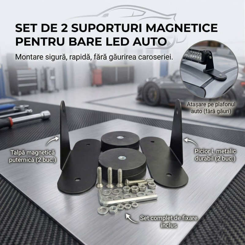 Set 2 Suporturi Magnetice Heavy-Duty cu Bază Dublă pentru Bară LED și Proiectoare, Fără Găurire