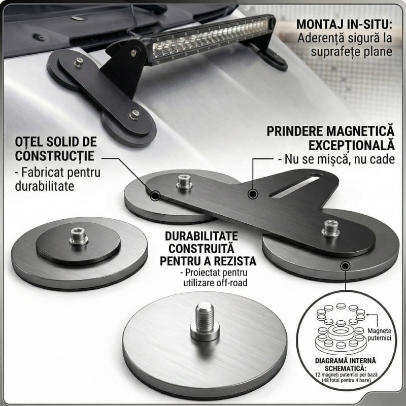 Set 2 Suporturi Magnetice Plate pentru Bară LED Off-Road, Prindere Extra Puternică, Aerodinamic
