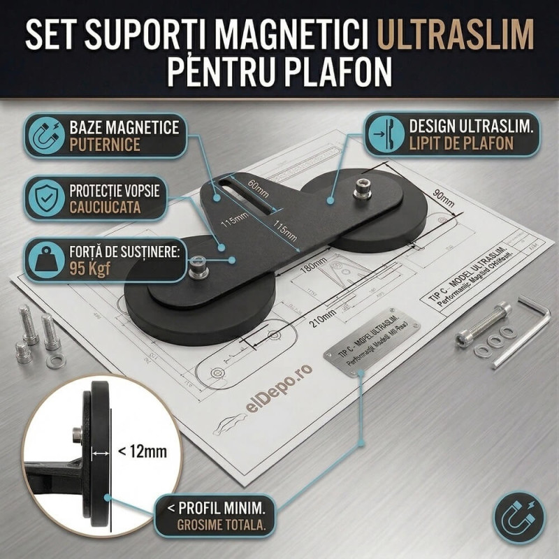 Set 2 Suporturi Magnetice Plate pentru Bară LED Off-Road, Prindere Extra Puternică, Aerodinamic