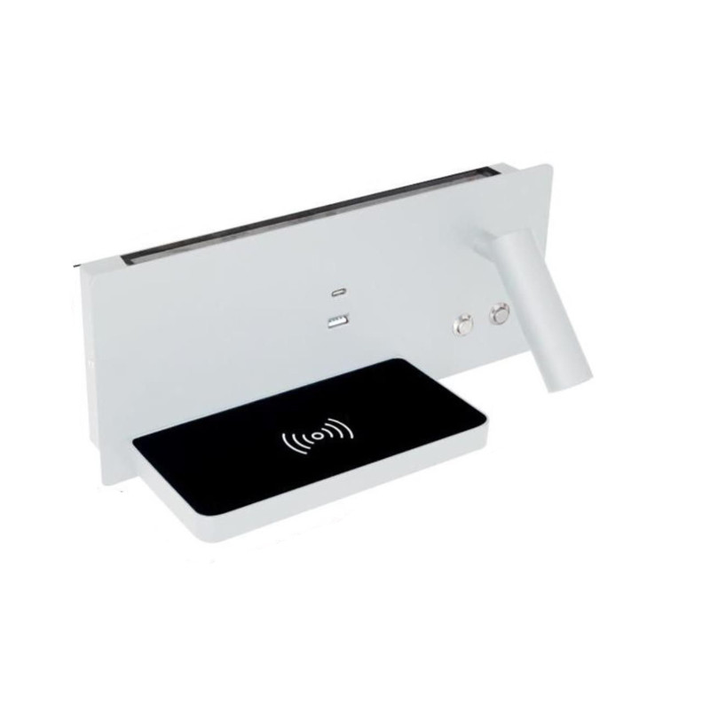 Aplica de perete LED, cu incarcare wireless Qi, port USB si tip C, lumina reglabila, alba, DREAPTA