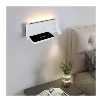 Aplica de perete LED, cu incarcare wireless Qi, port USB si tip C, lumina reglabila, alba, DREAPTA