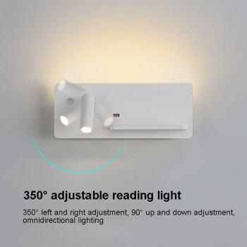 Aplica de perete LED, cu incarcare wireless Qi, port USB si tip C, lumina reglabila, alba, STANGA