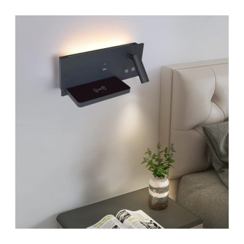 Aplica de perete LED, cu incarcare wireless Qi,  port USB si tip C, lumina reglabila, negru, DREAPTA