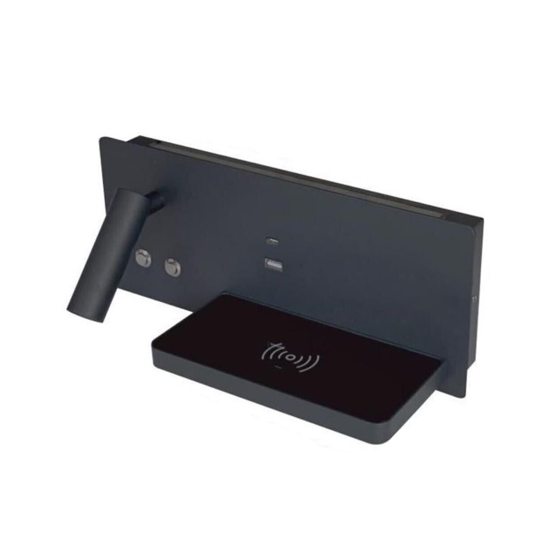 Aplica de perete LED, cu incarcare wireless Qi, port USB si tip C, lumina reglabila, negru, STANGA Aplica de perete LED, cu incarcare wireless Qi, port USB si tip C, lumina reglabila, negru, STANGA