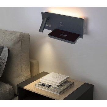 Aplica de perete LED, cu incarcare wireless Qi,  port USB si tip C, lumina reglabila, negru, STANGA