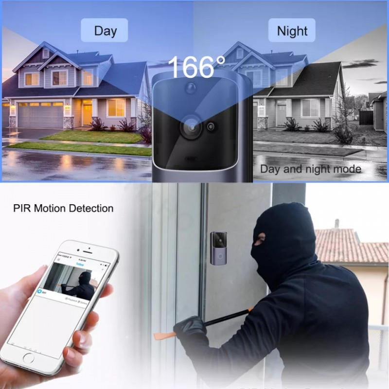 Videointerfon WIFI cu sonerie smart, comunicare bidirectionala, detectie miscare, unghi vizualizare 166 grade