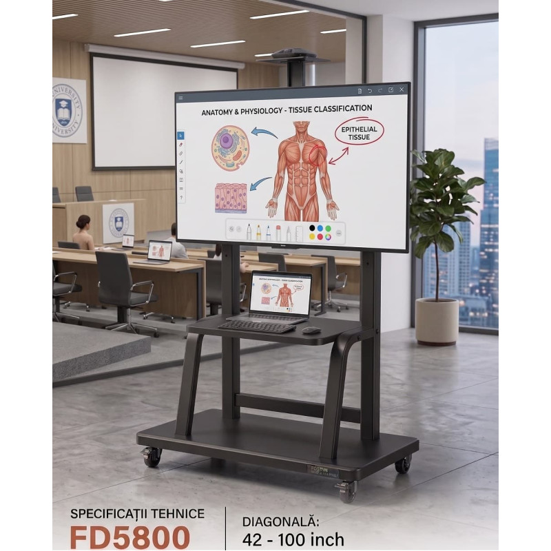 Suport TV mobil, Tabla Interactiva, 42-100 inch, VESA reglabila max 900x600, suporta maxim 150 Kg, Reglabil pe inaltime