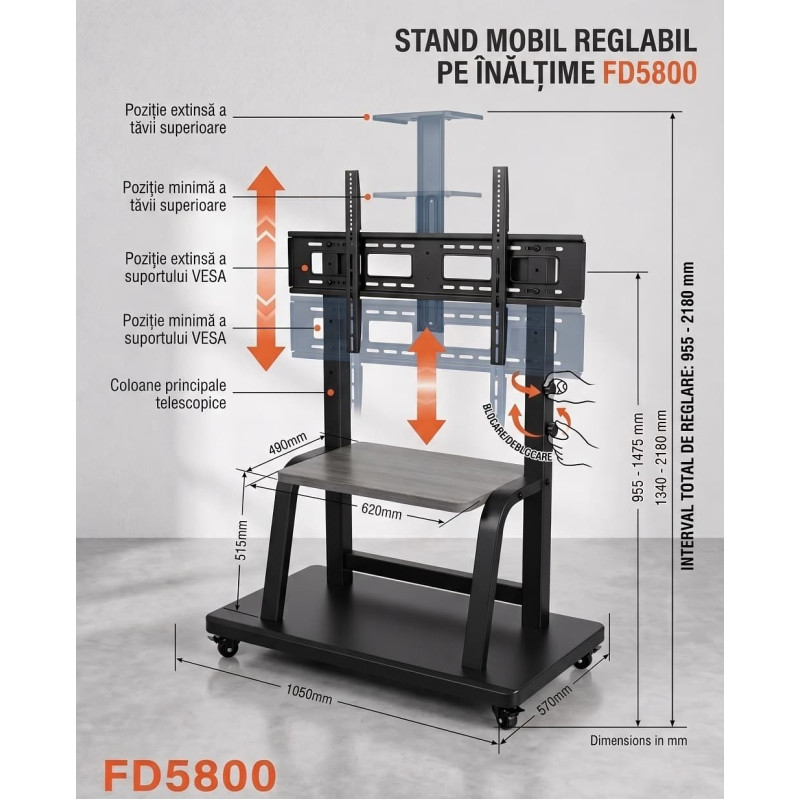 Suport TV mobil, Tabla Interactiva, 42-100 inch, VESA reglabila max 900x600, suporta maxim 150 Kg, Reglabil pe inaltime