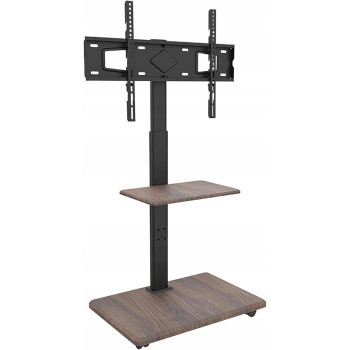 Suport TV Mobil de Podea ElDepo, 32-75 inch, Rotativ, Înălțime Reglabilă, Raft Lemn Wenge, Sarcina maximă 45 kg