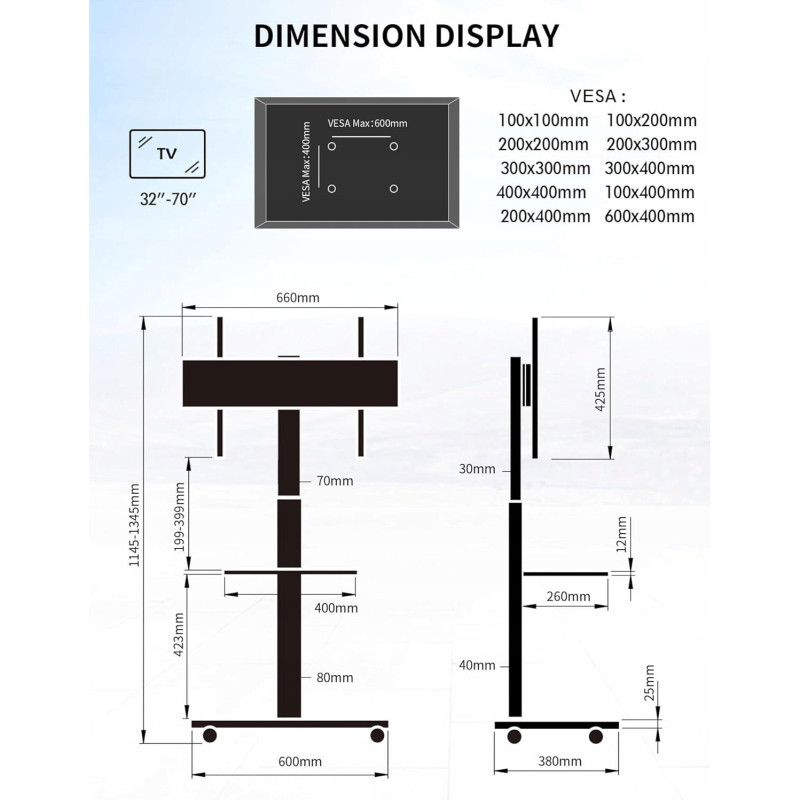 Suport TV mobil de podea pentru televizoare 32-75 inch cu raft din lemn wenge
